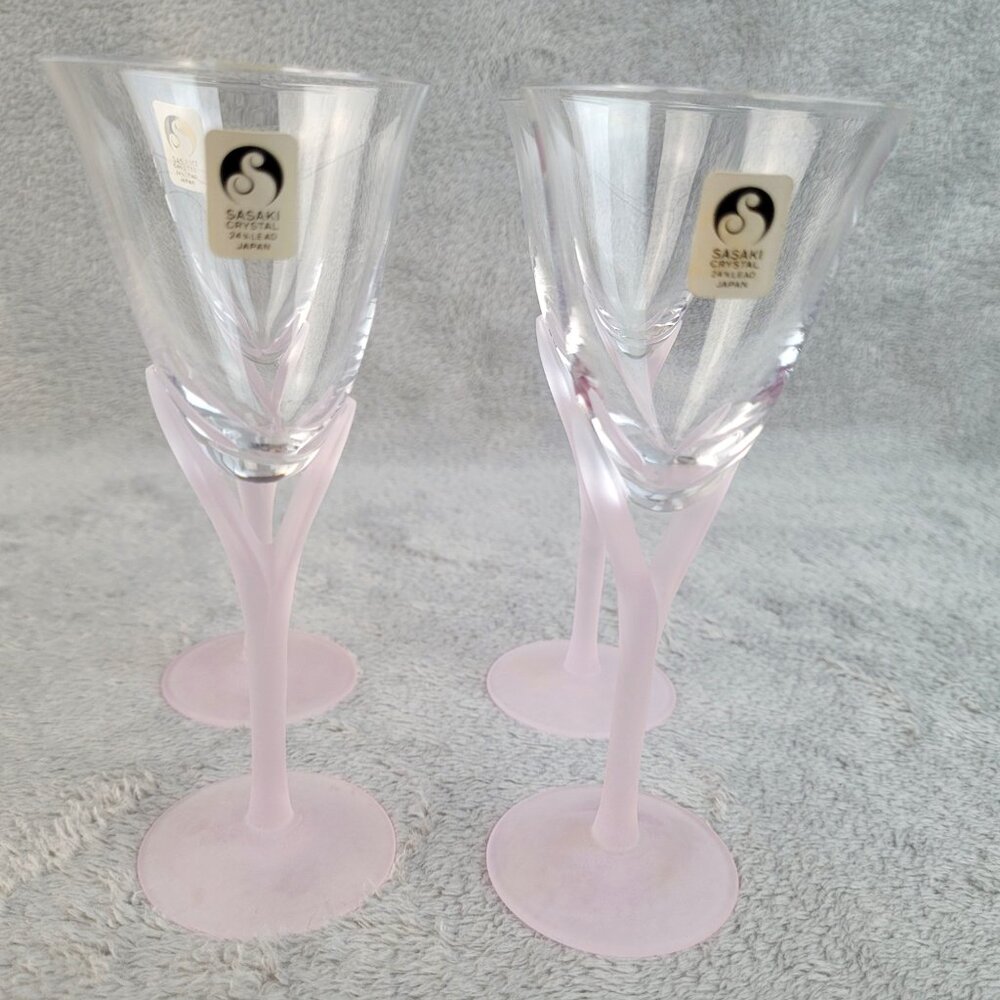 Sasaki Capistrano Crystal Cordial Glasses Frosted Pink Stem 6"H Japan Vintage